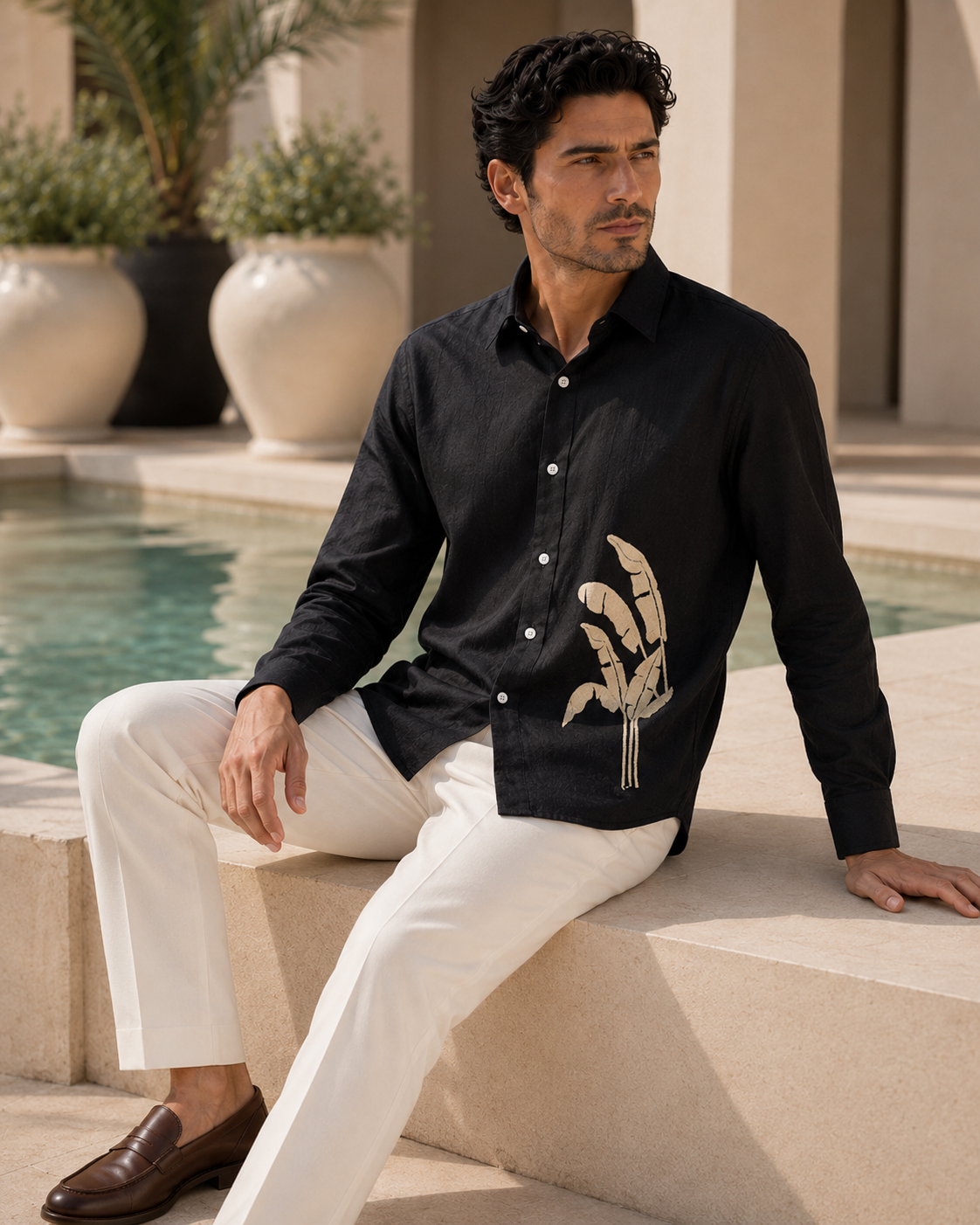 Men Black Botanical Leaf Print Pure Linen Shirt