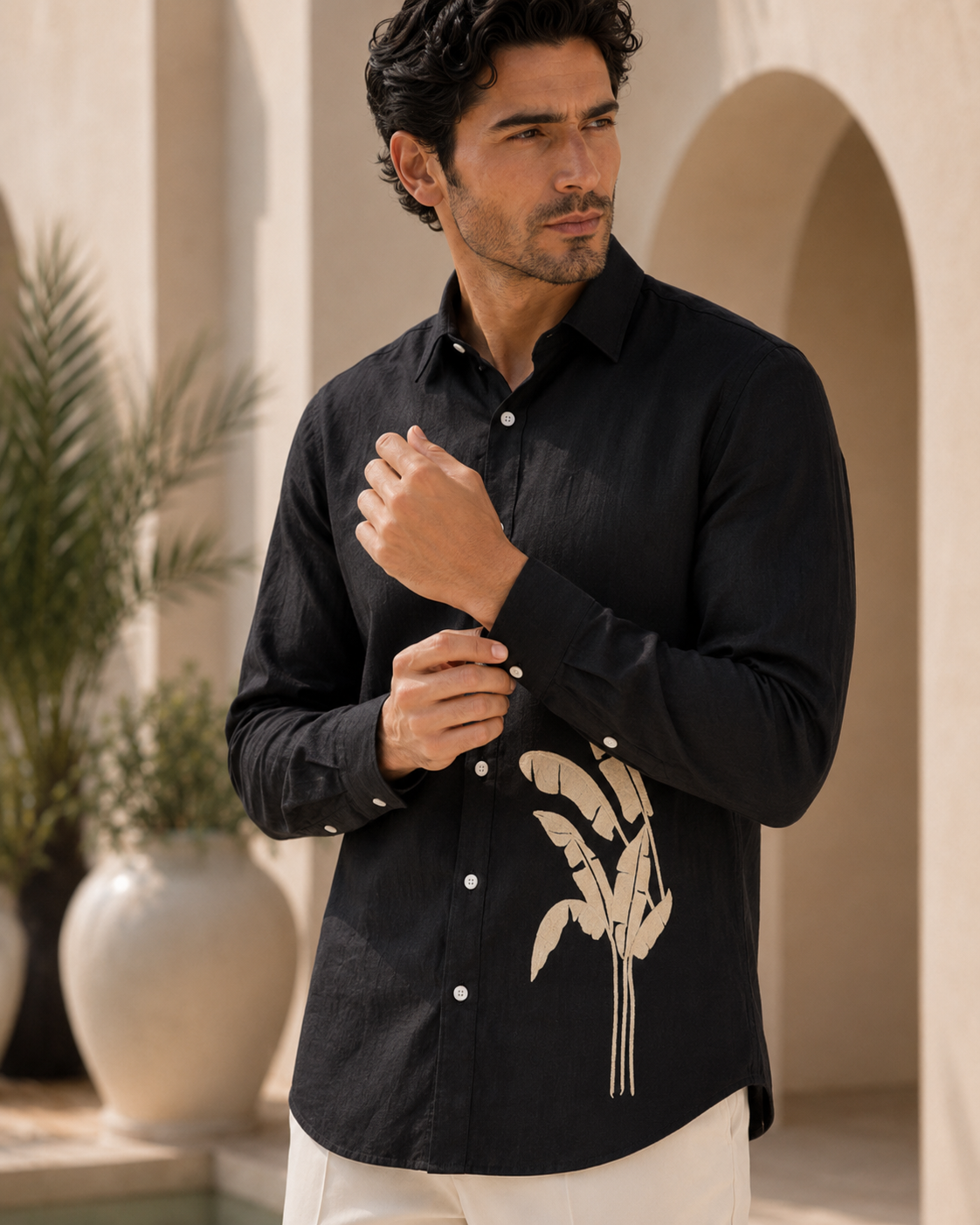 Men Black Botanical Leaf Print Pure Linen Shirt