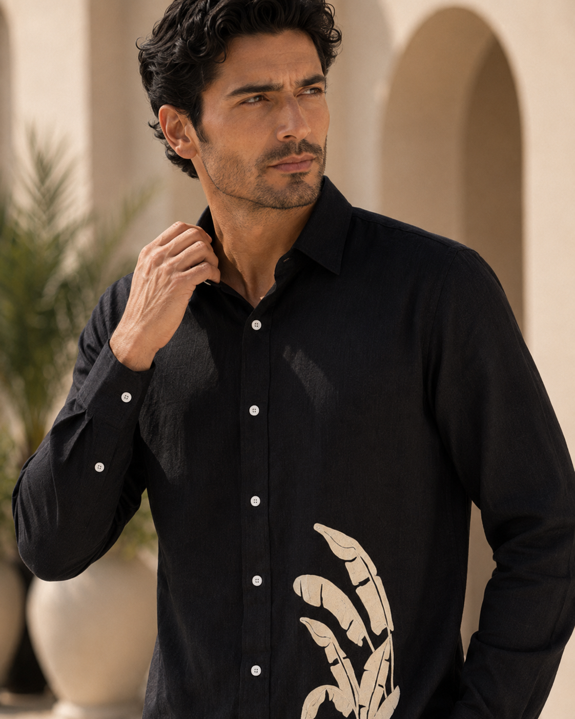 Men Black Botanical Leaf Print Pure Linen Shirt