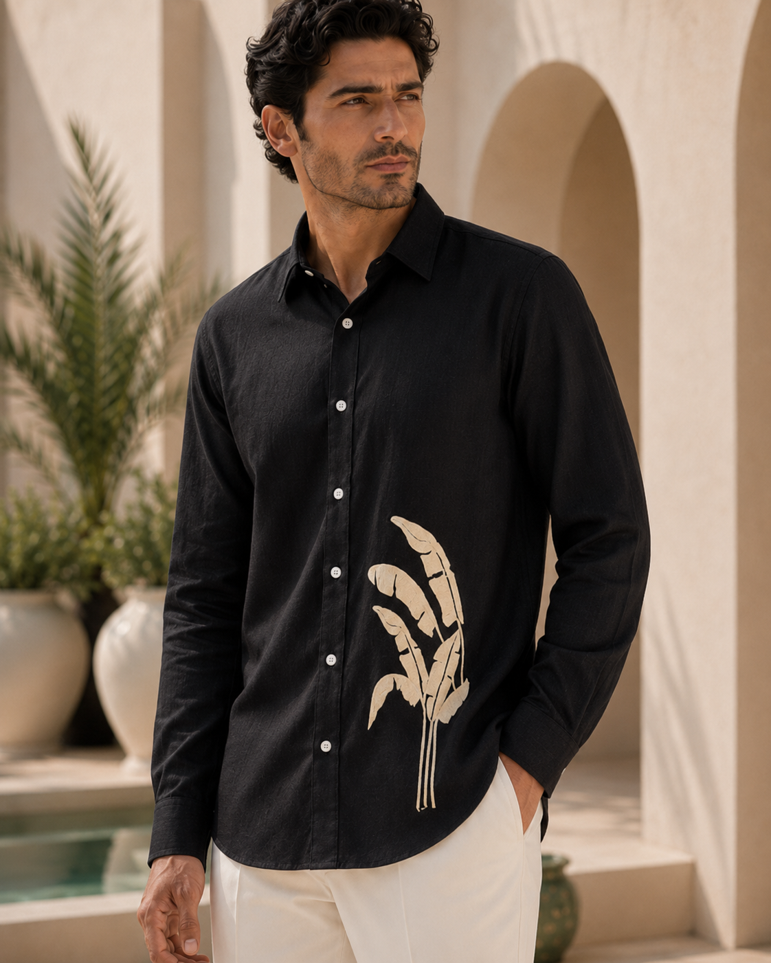 Men Black Botanical Leaf Print Pure Linen Shirt