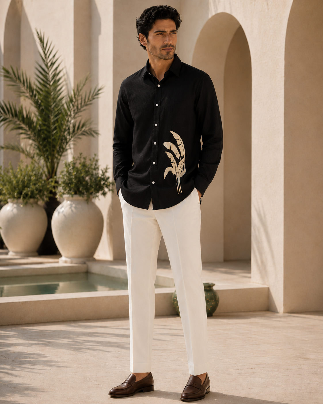 Men Black Botanical Leaf Print Pure Linen Shirt