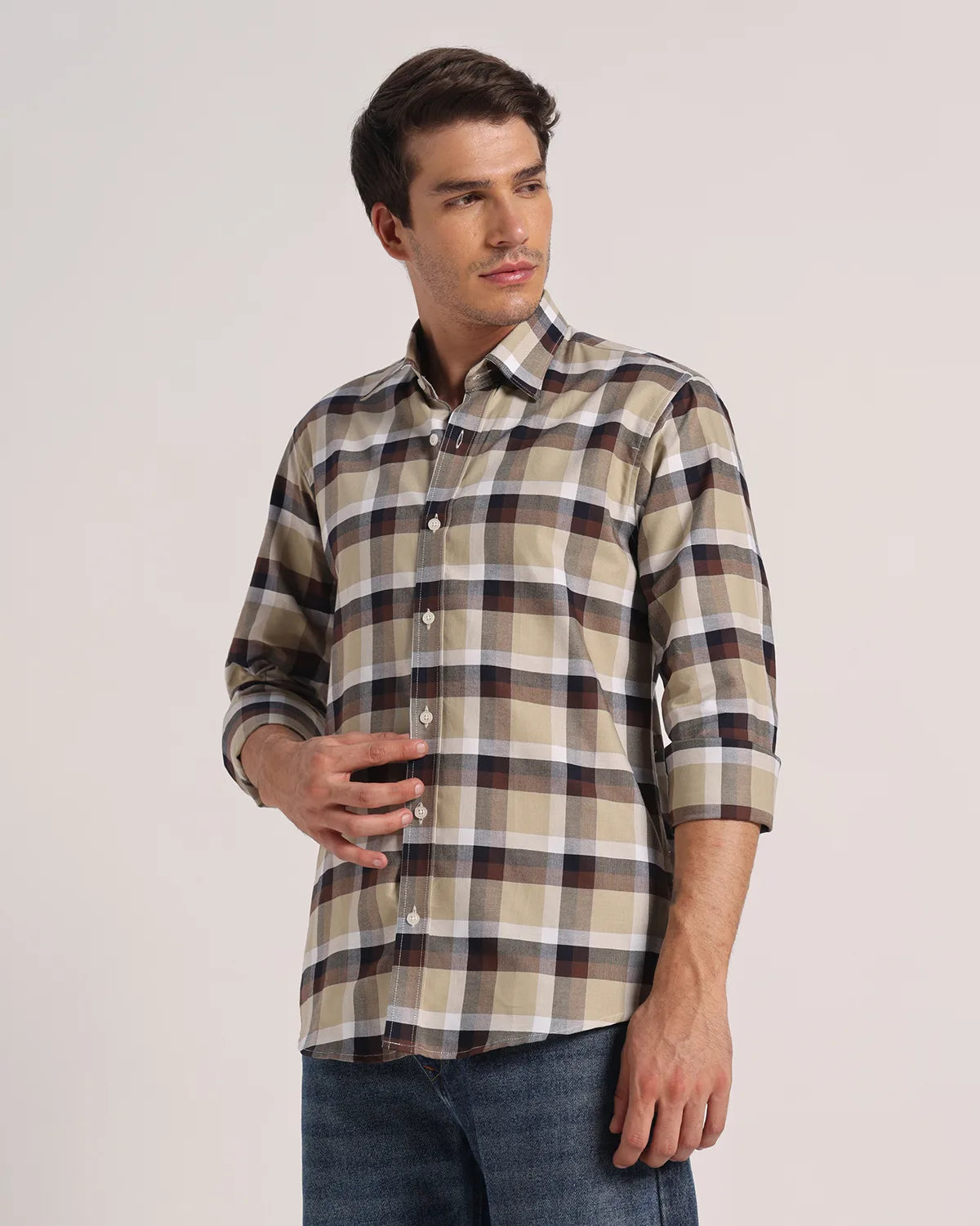 Men Cream Beige Checked Pure Cotton Oxford Shirt