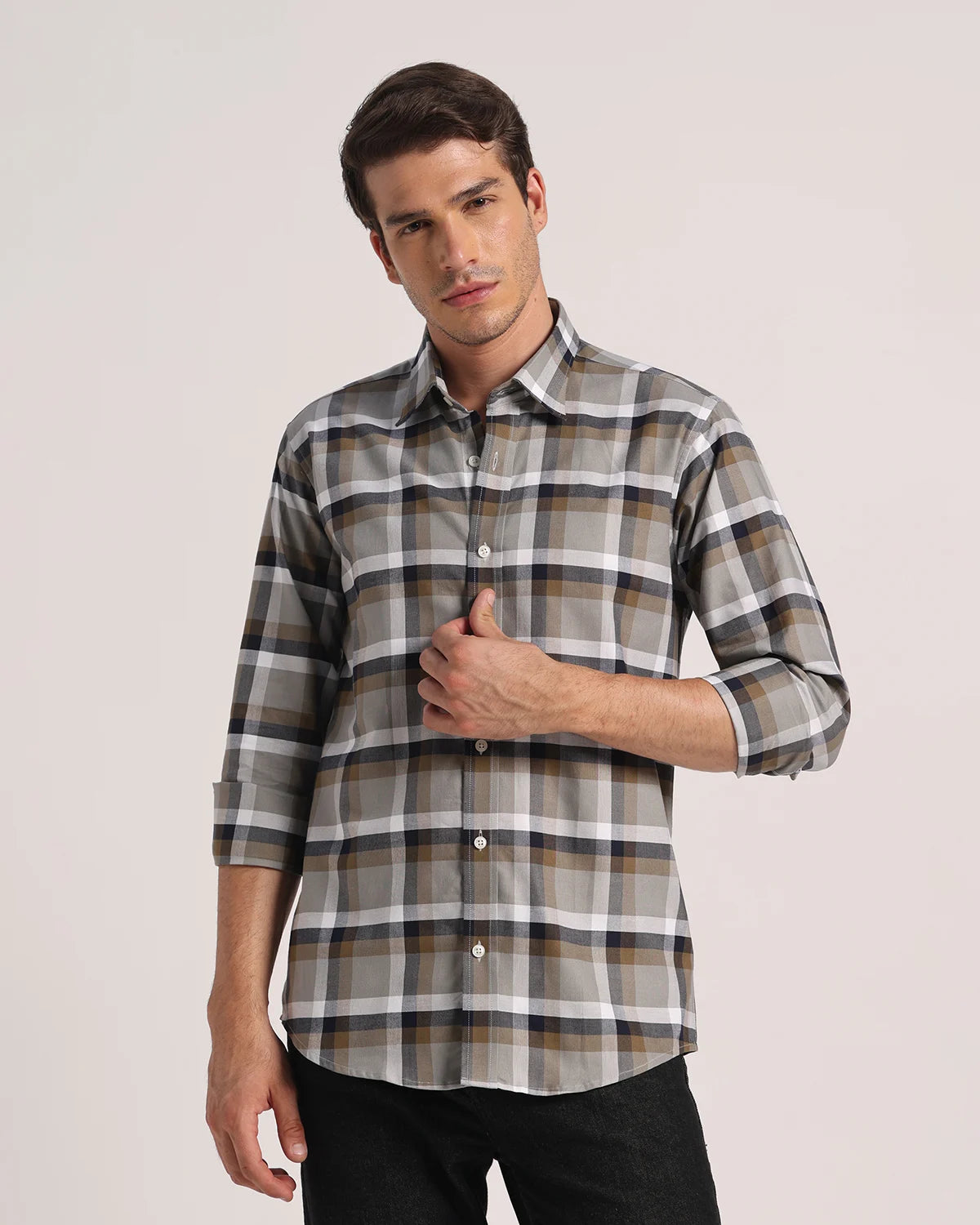 Men Grey Checked Pure Cotton Oxford Shirt