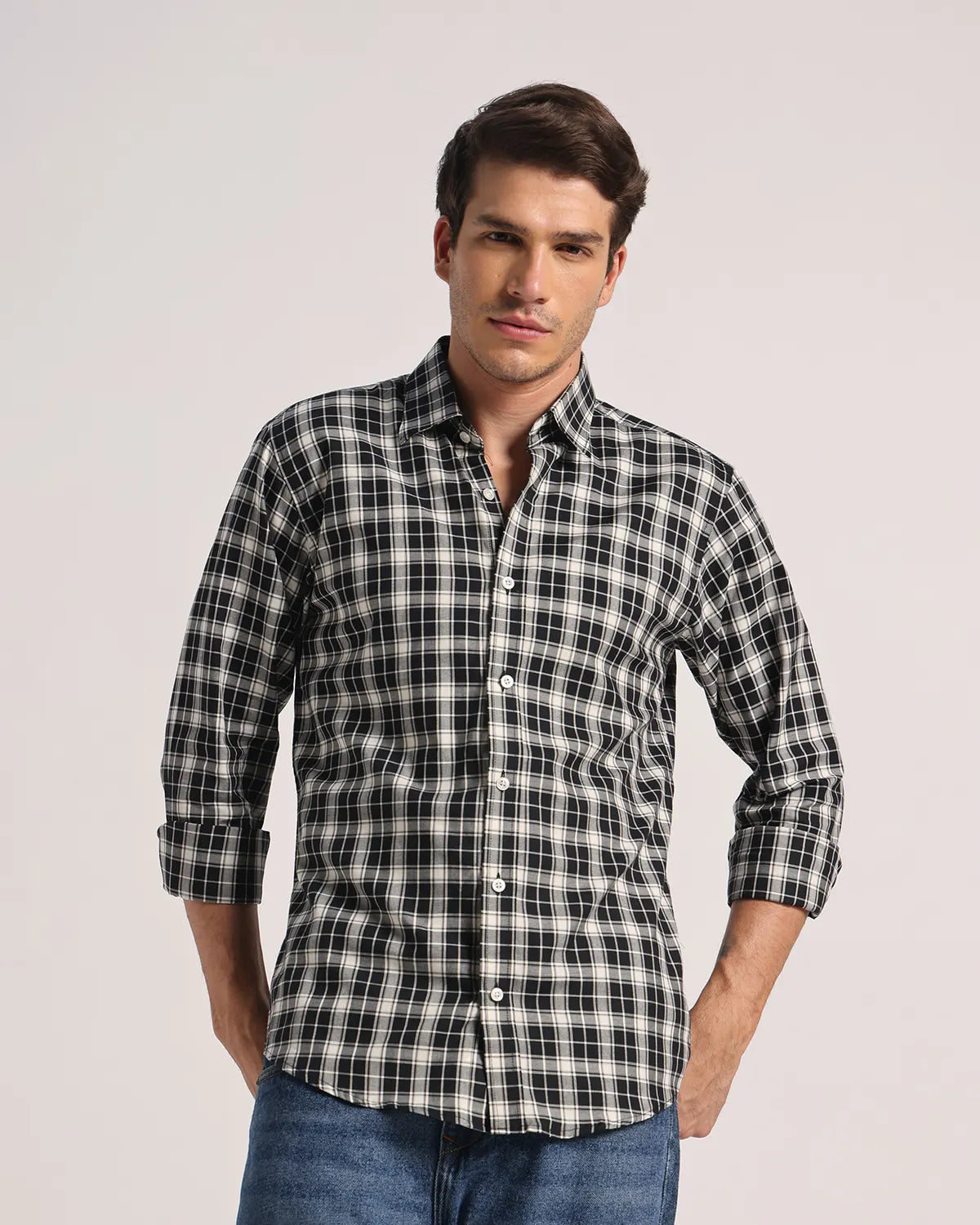 Men Black Checked Superfine Twill Cotton Shirt