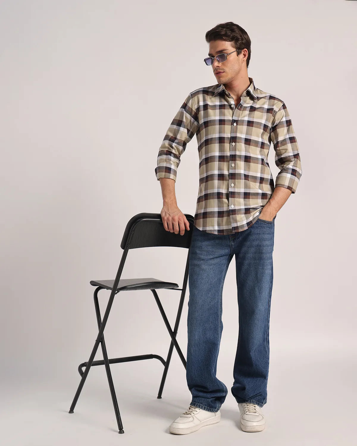 Men Cream Beige Checked Pure Cotton Oxford Shirt