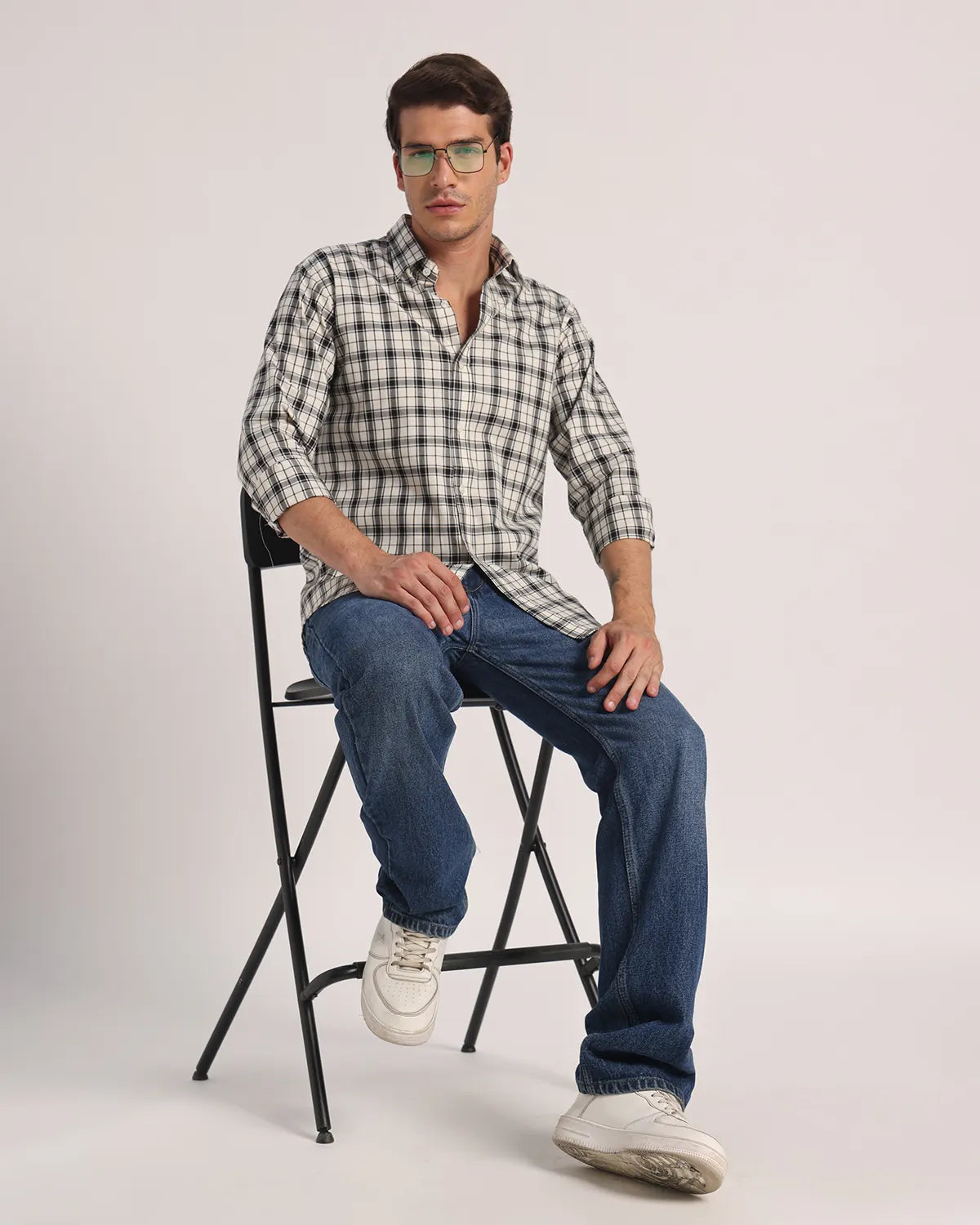 Men Cream Checked Superfine Twill Cotton Shirt