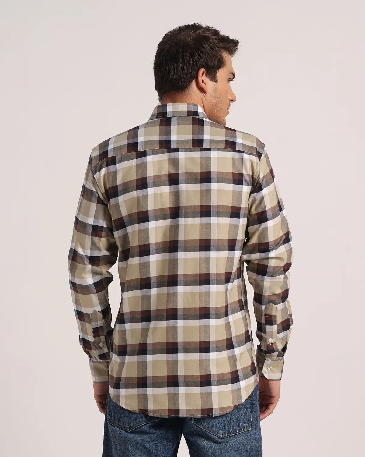 Men Cream Beige Checked Pure Cotton Oxford Shirt