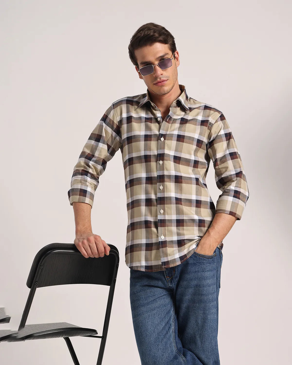Men Cream Beige Checked Pure Cotton Oxford Shirt