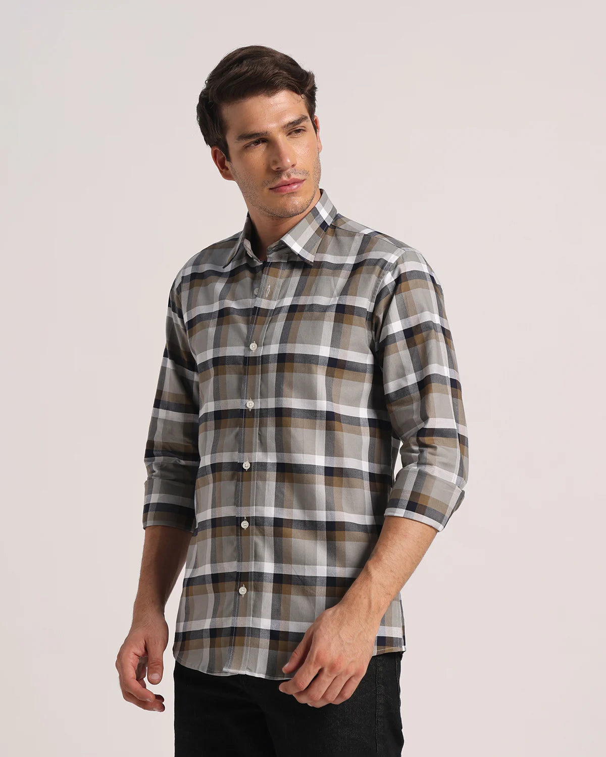 Men Grey Checked Pure Cotton Oxford Shirt