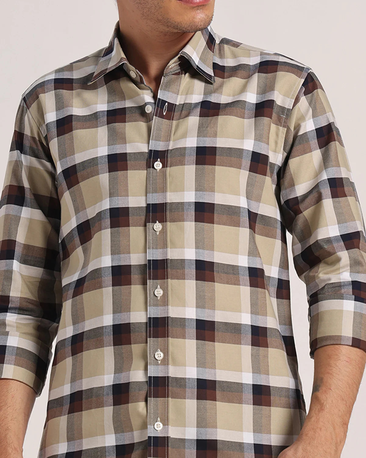 Men Cream Beige Checked Pure Cotton Oxford Shirt