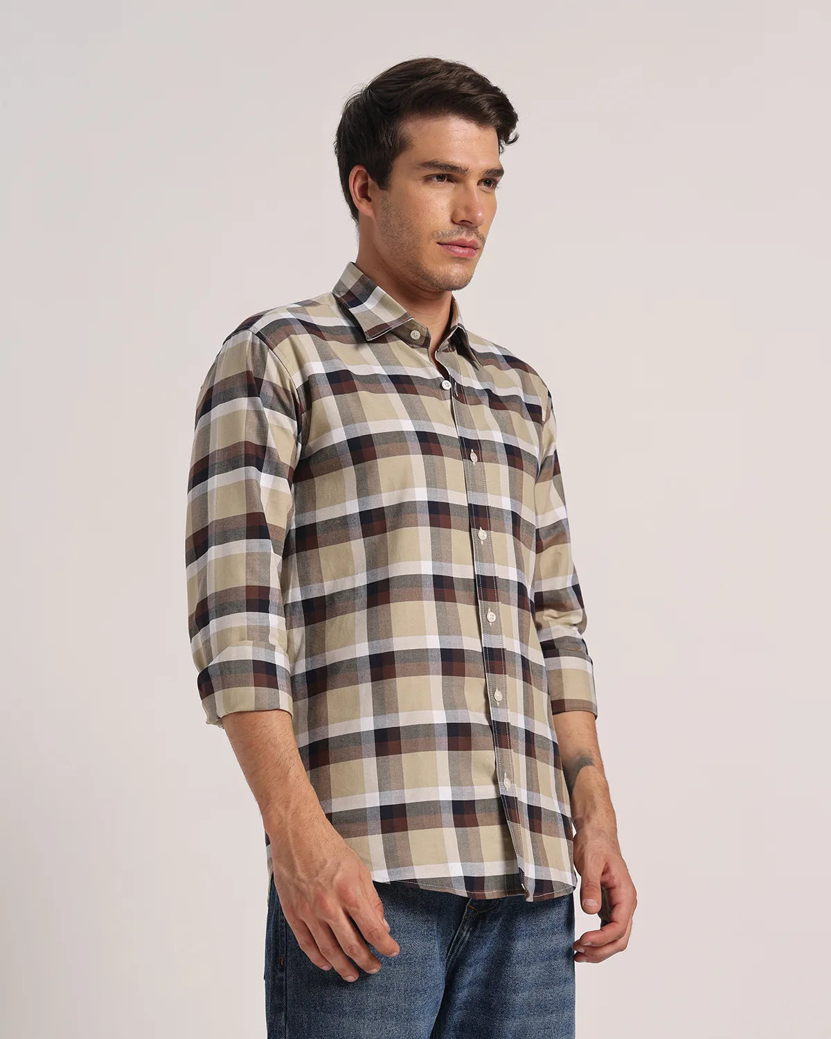 Men Cream Beige Checked Pure Cotton Oxford Shirt