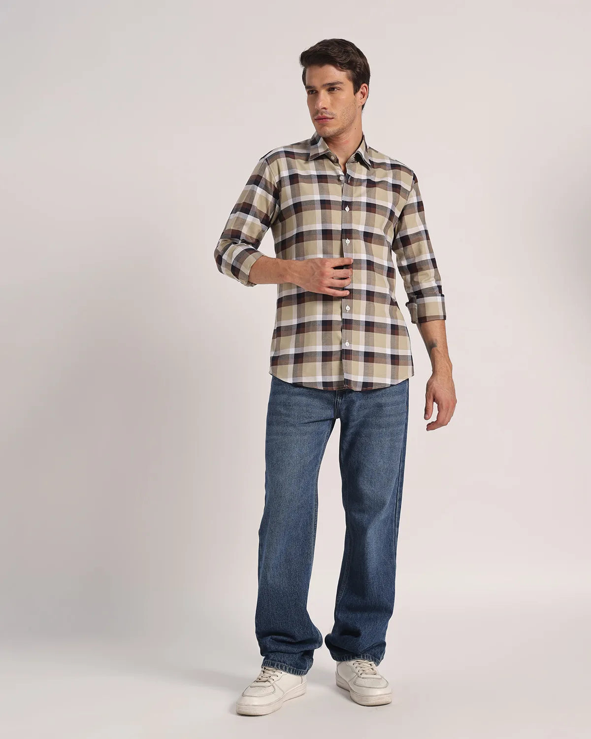 Men Cream Beige Checked Pure Cotton Oxford Shirt