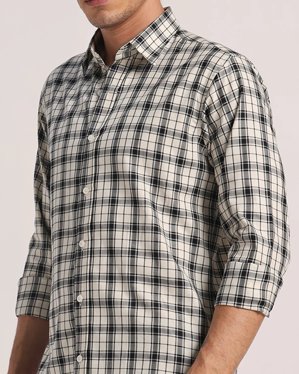 Men Cream Checked Superfine Twill Cotton Shirt