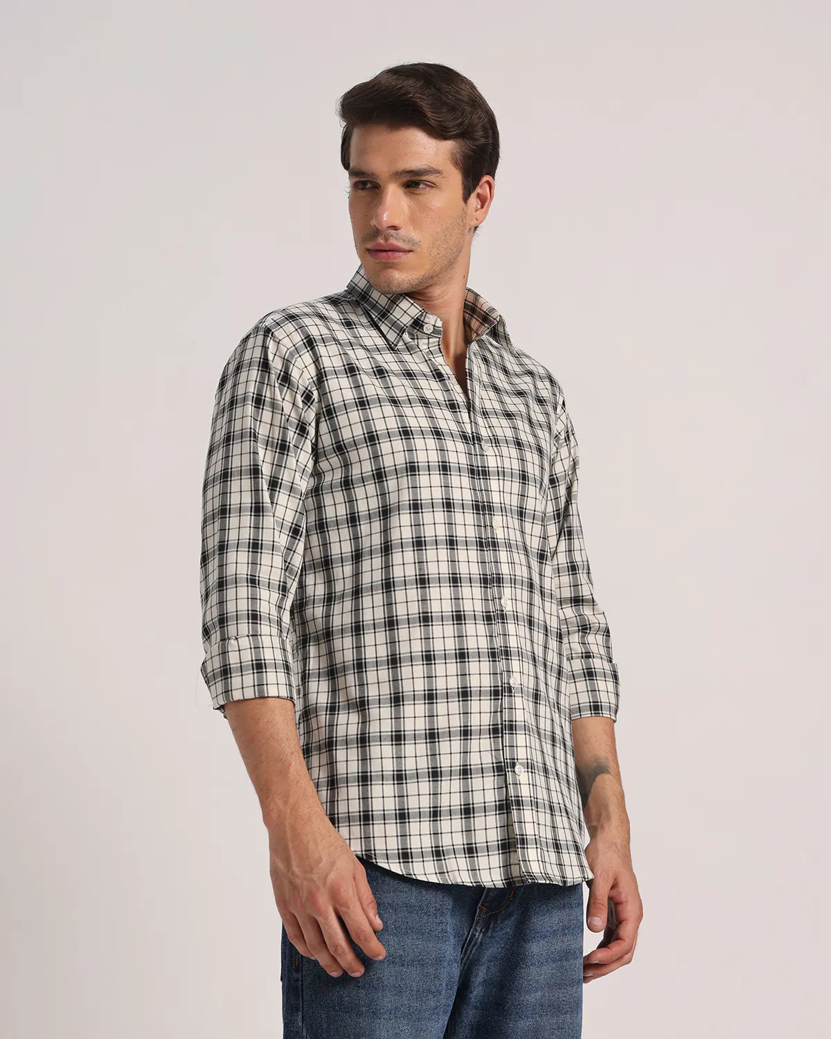 Men Cream Checked Superfine Twill Cotton Shirt
