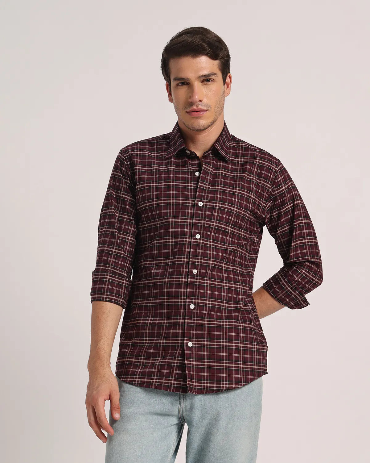 Men Maroon Checked Pure Cotton Oxford Shirt