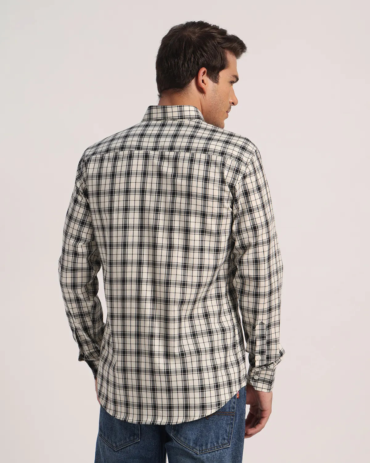 Men Cream Checked Superfine Twill Cotton Shirt