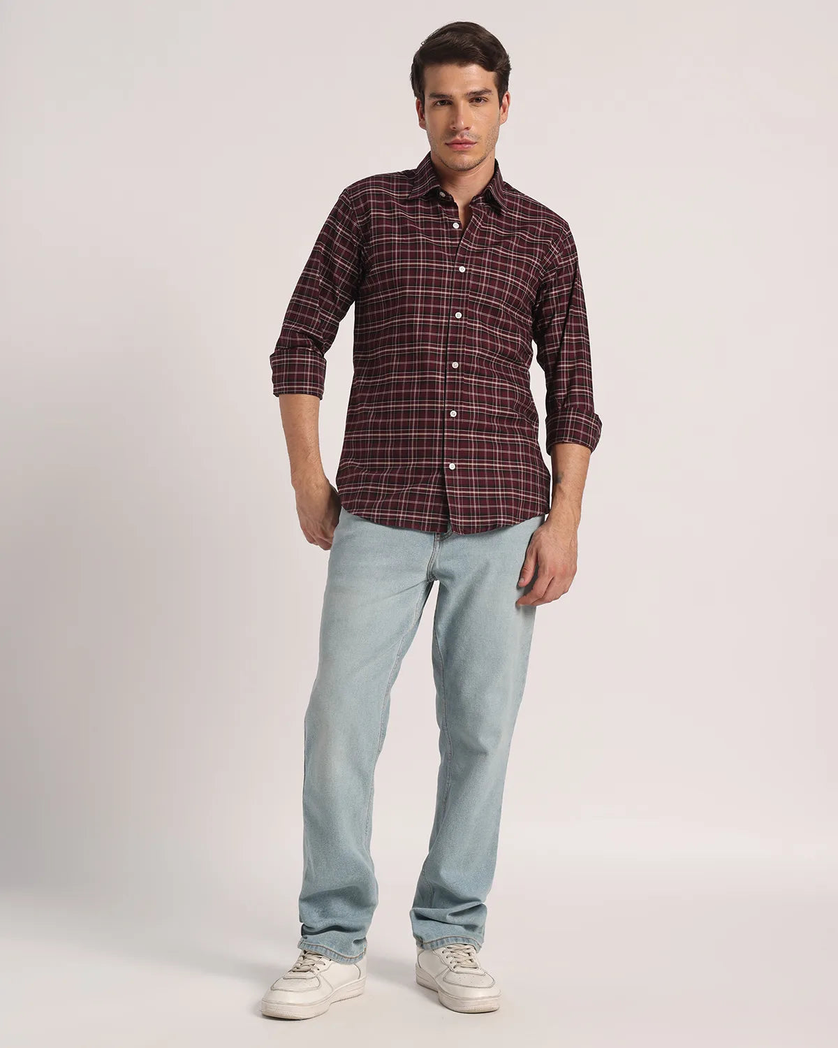 Men Maroon Checked Pure Cotton Oxford Shirt