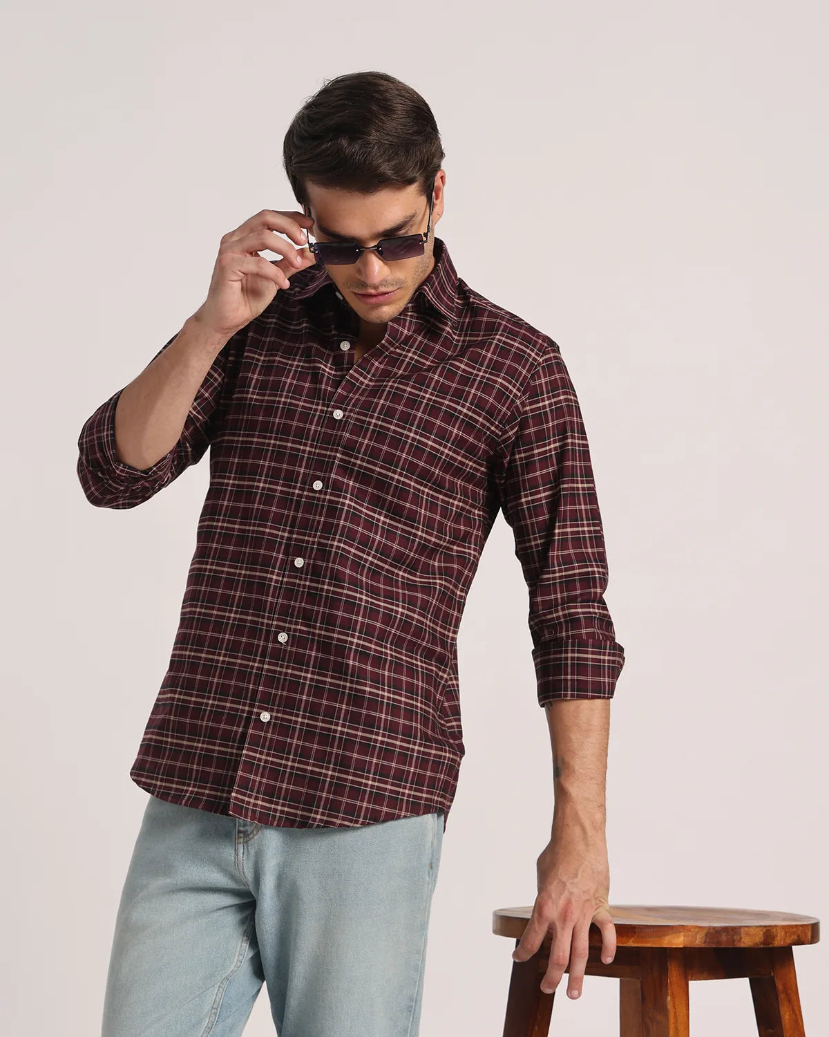 Men Maroon Checked Pure Cotton Oxford Shirt