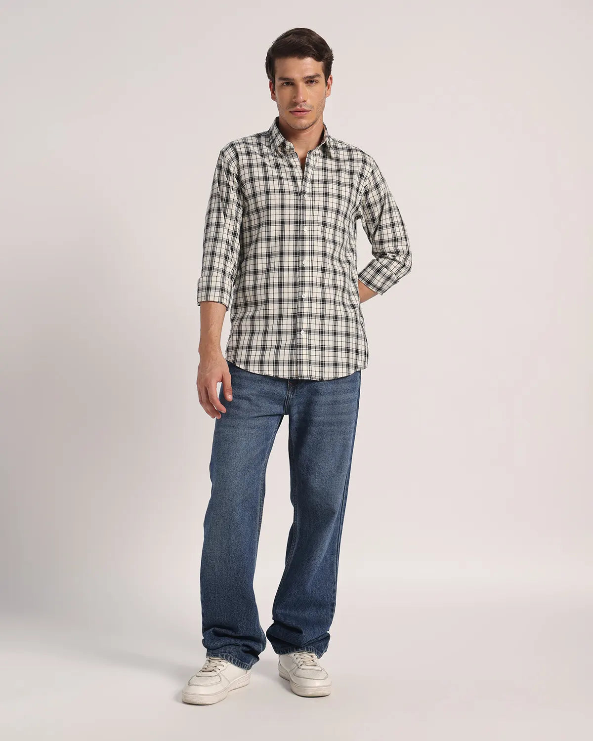 Men Cream Checked Superfine Twill Cotton Shirt