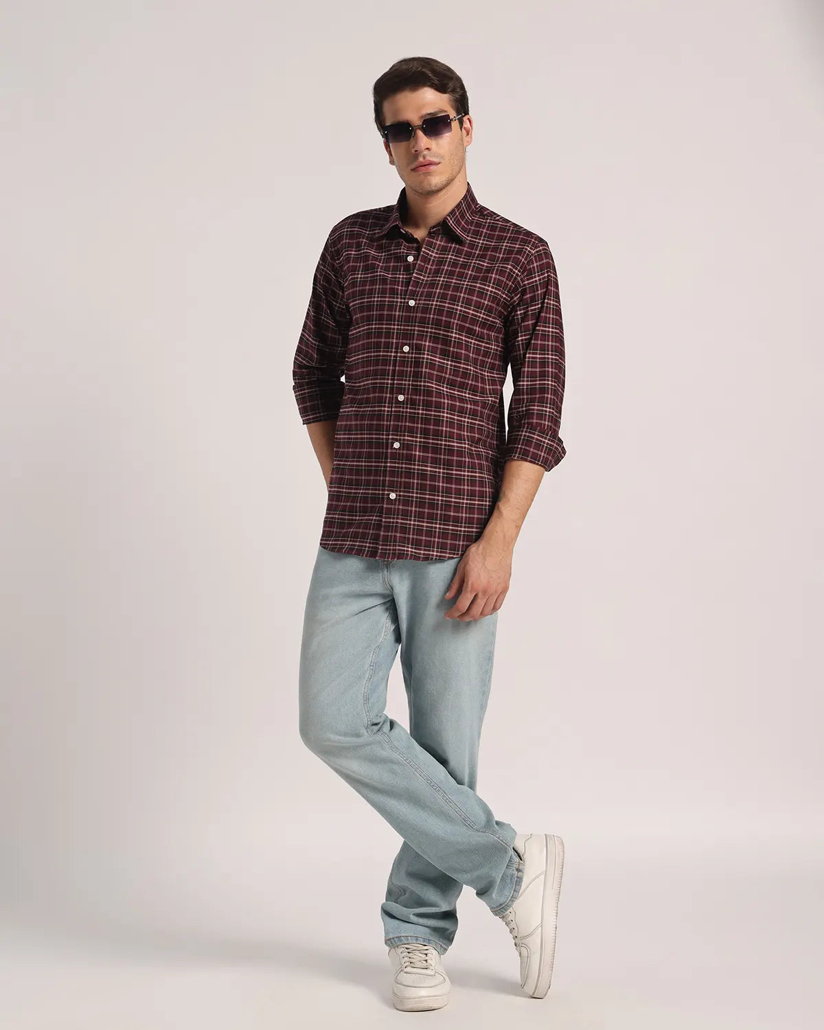 Men Maroon Checked Pure Cotton Oxford Shirt