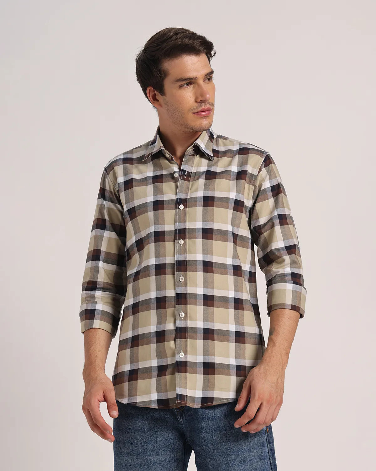 Men Cream Beige Checked Pure Cotton Oxford Shirt