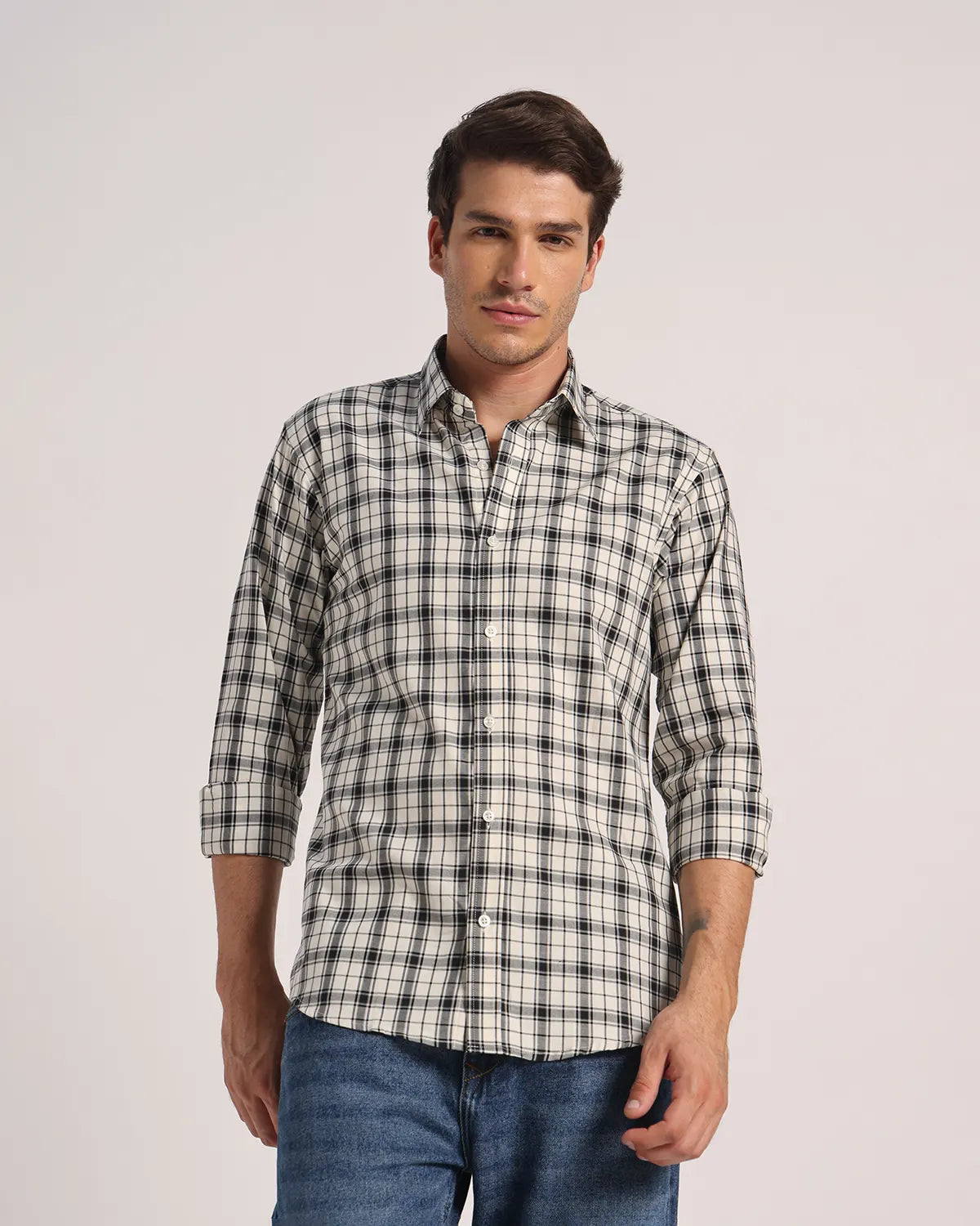 Men Cream Checked Superfine Twill Cotton Shirt