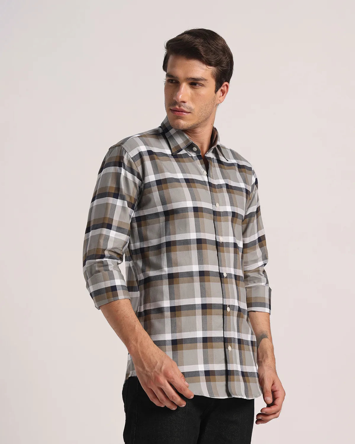 Men Grey Checked Pure Cotton Oxford Shirt