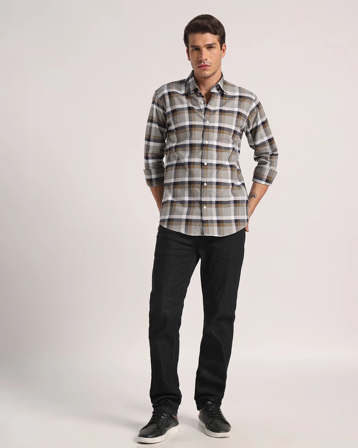 Men Grey Checked Pure Cotton Oxford Shirt