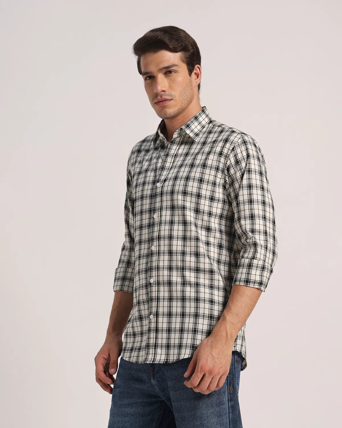 Men Cream Checked Superfine Twill Cotton Shirt